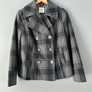 Old Navy Double-Breasted Plaid Pea Coat | Black + Grey‎